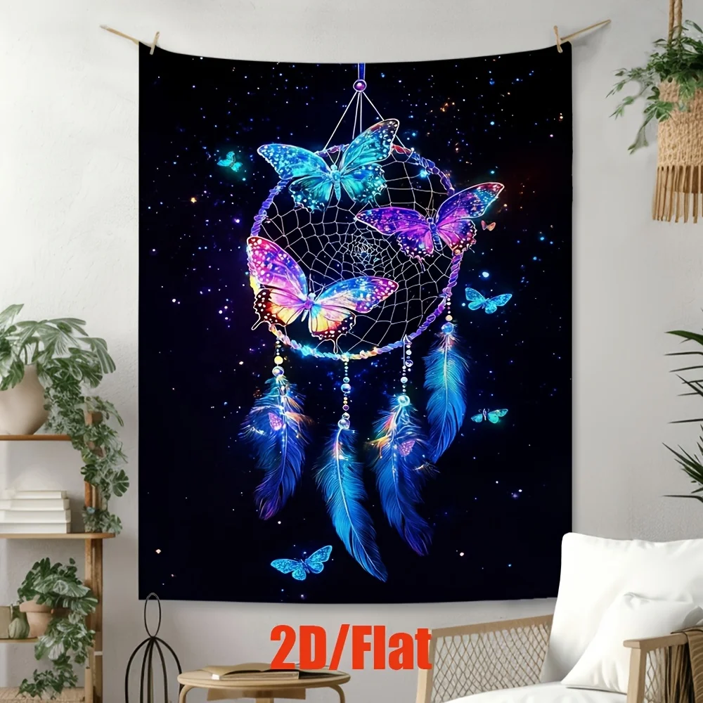Galaxy Dreamcatcher Butterfly Tapestry Wall Hanging, Colorful Neon Butterfly Feather Starry Sky Art for Bedroom Living Room Home
