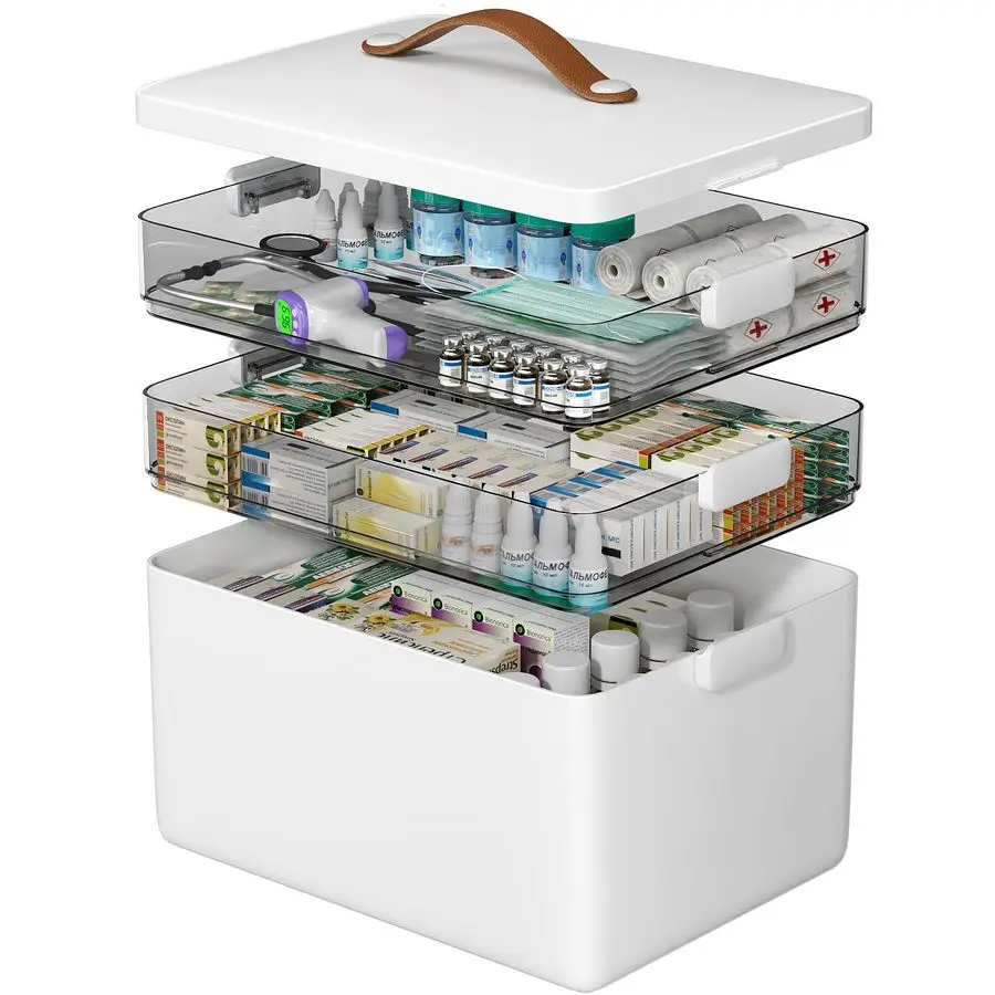 3Tier Medicine Organizer Portable Medicine Cabinet with Leather Handle, Empty First Aid Kit for Home