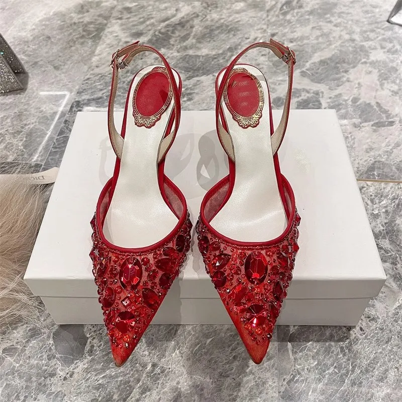 Spring and summer pointed shallow mesh crystal wedding shoes thin high-heeled banquet dress large size small size women\'s sandal
