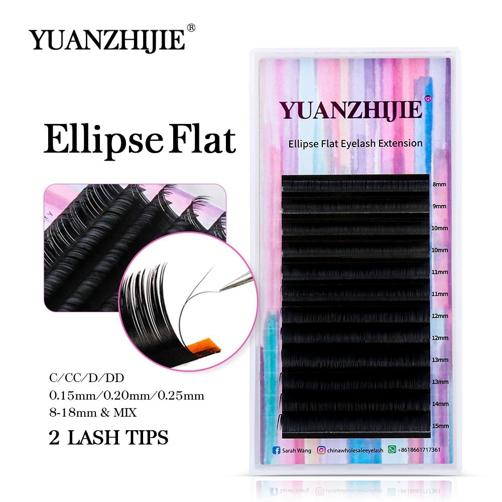 YUANZHIJIE Double Pointed Pure Black Flat Lashes Split Tips Ellipse Shaped Natural Light False Ellips Cashmere Eyelash Wholesale