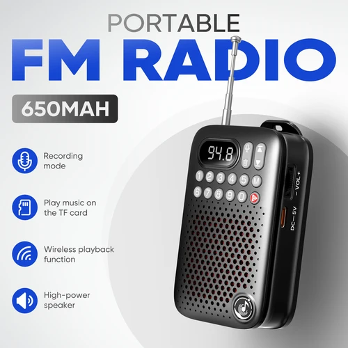 Imagen 1 del producto Mini radio multifunción con clip, transmisión inalámbrica, sintonizador FM, grabadora de voz, ranura para tarjeta SD y pantalla LED, receptor de audio