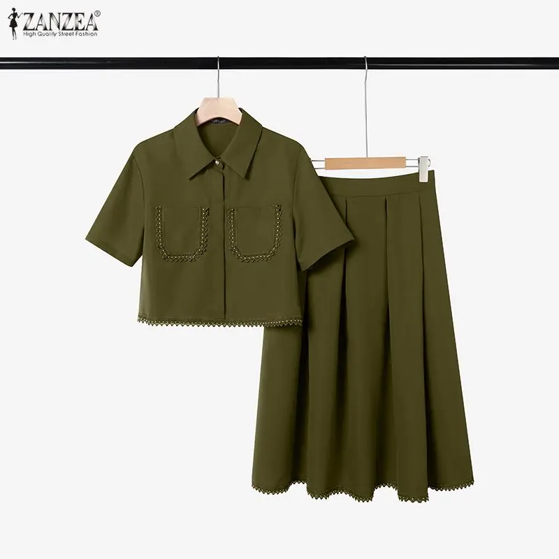 ZANZEA Women's Elegant Lace Trim Skirt Suits Casual Short Sleeve Cropped Shirt & Pleated A-Line Skirts 2 Pieces Sets Outfits 3XL