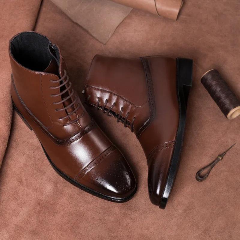 Luksusowe buty męskie Retro Oxfords Skórzane buty dla mężczyzn Biznesowe buty za kostkę Wysokiej jakości męskie buty Chelsea Buty Brogue Rozmiar 39-47 — zdjęcie 3