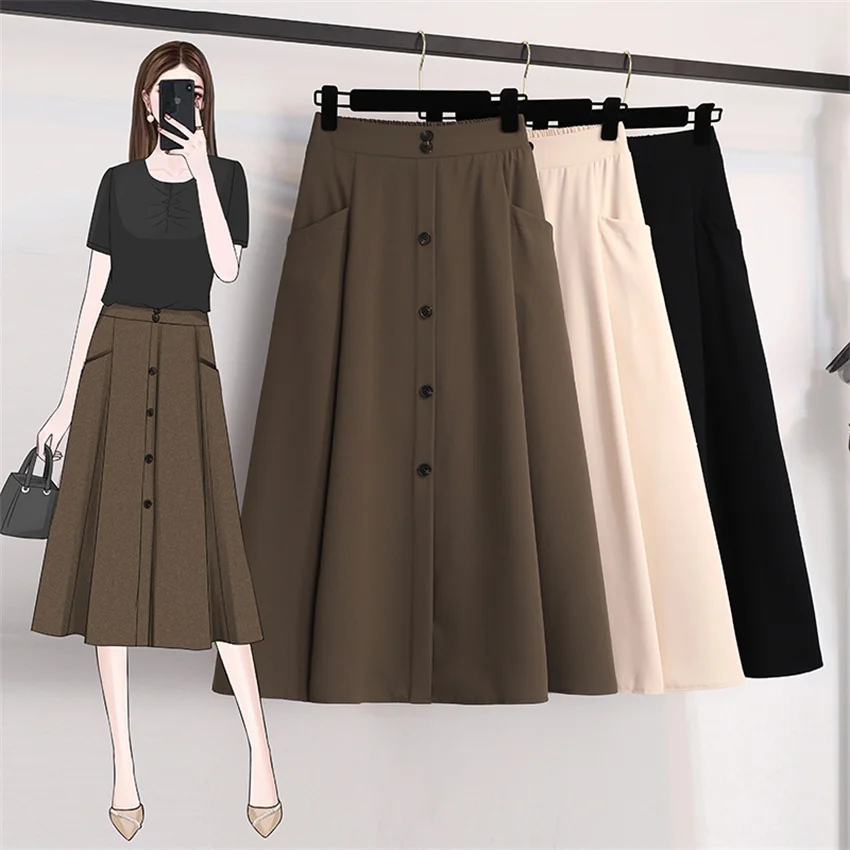 

Gowyimmes 2023 Spring Summer Big Size All-match Women A-line Skirt High Waist Girl Skirts Fashion Slim Lady Midi Long Skirt 1595