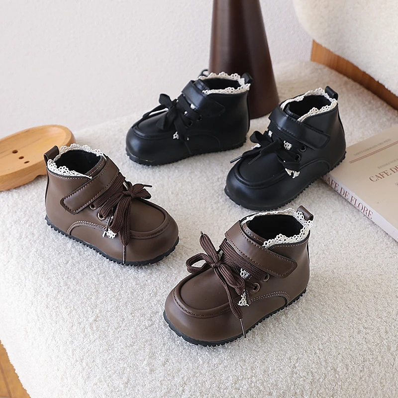 

Модные ботинки для девочек, размер 22–31, коричневые кружевные винтажные кожаные туфли для девочек, осенне-зимние черные нескользящие детские ботинки с мягкой подошвой