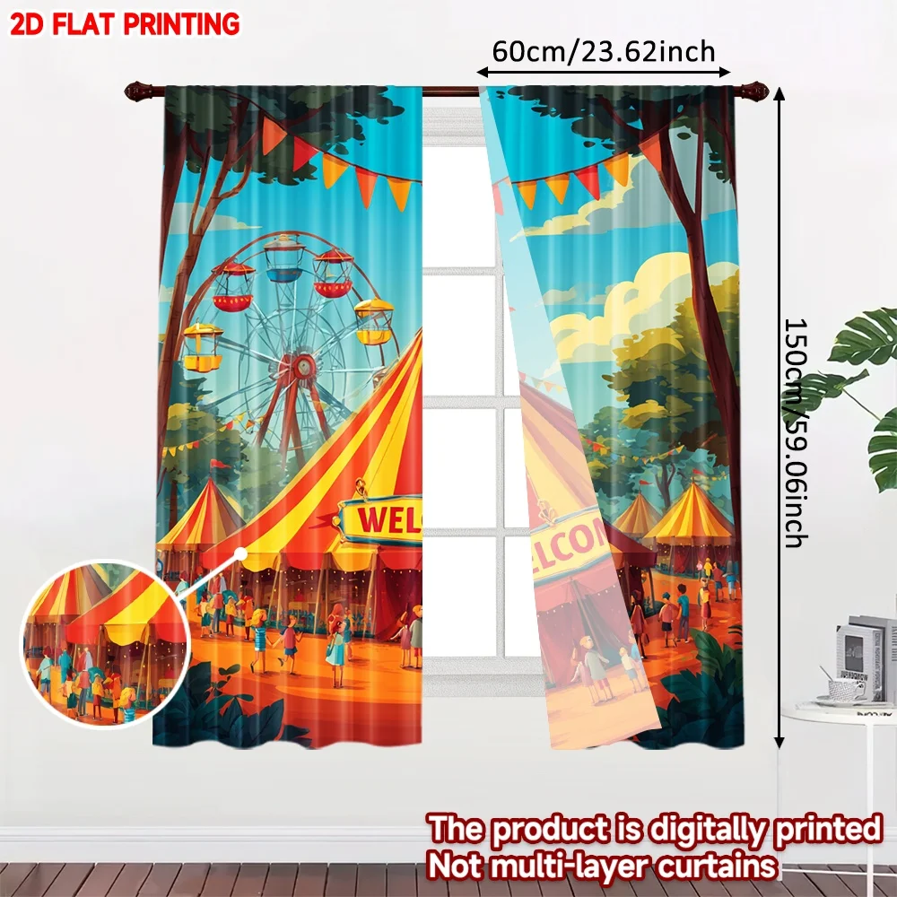2D flat printing 2pcs Curtain Curtain Carnival Ferris Wheel Scene Digital Printed Polyester Drapes Birthday Party Perfect for