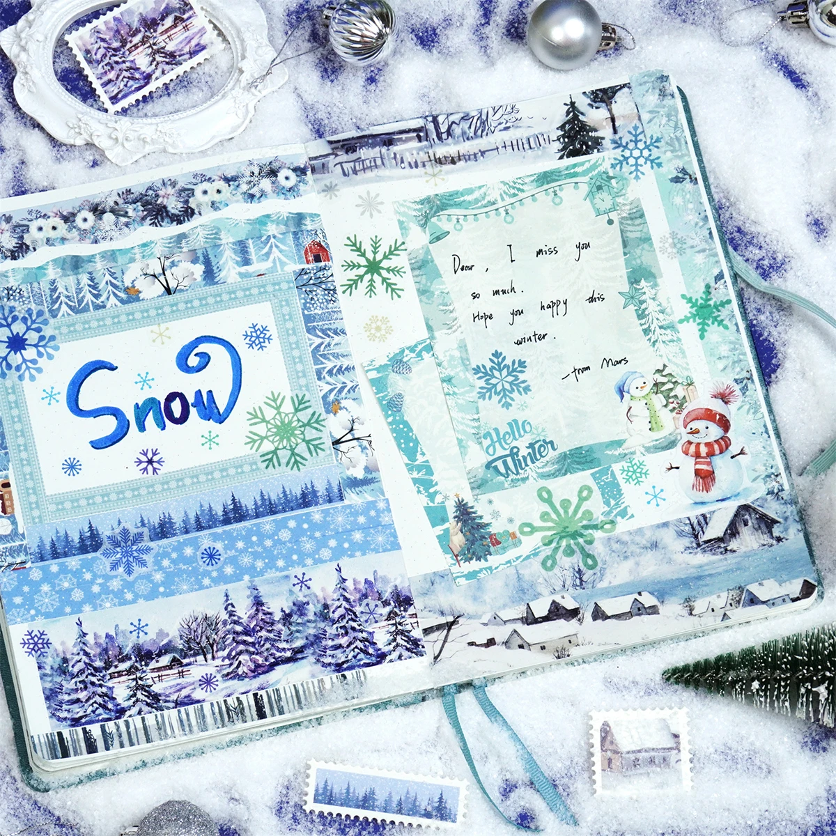 18 لفة/صندوق، شريط واشي لمشهد الثلج لعيد الميلاد، مناسب لمذكرات DIY، تزيين صندوق الهدايا، هدية عيد الميلاد للأصدقاء