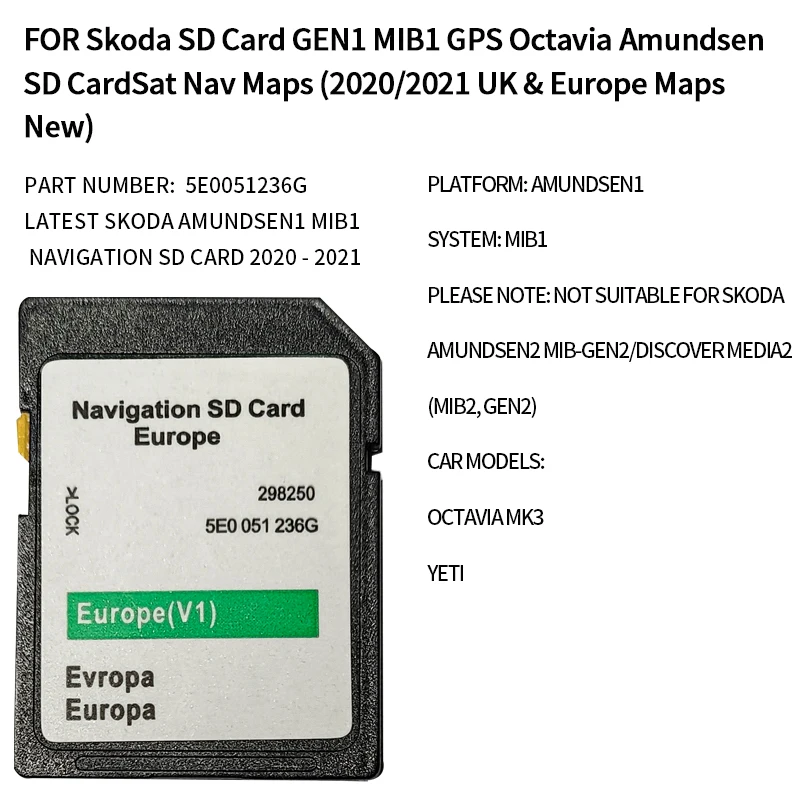 FOR Skoda SD Card GEN1 MIB1 GPS Octavia Amundsen SD Card Sat Nav Maps (2020/2021 UK & Europe Maps New)