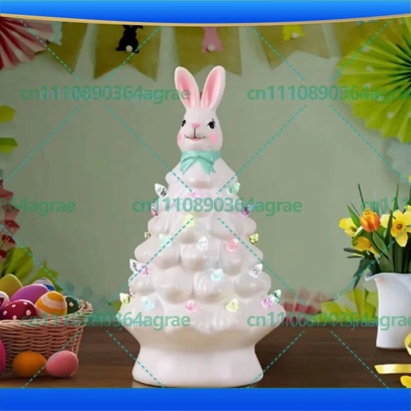 Easter Rabbit Resin Ornament LED Light Figurine Christmas Home Courtyard Decoration Glowing Tabletop Decor Craft