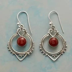 Ethnic Silver Color Round Red Stone Earrings Vintage Metal Geometry Carving Heart Pattern Dangle Earrings for Women Jewelry