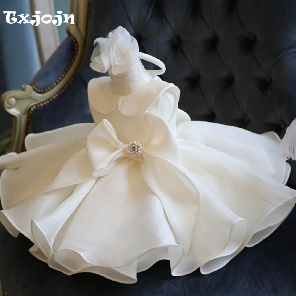 Baby Girl Dress 1-14 Years Old Girl's Satin Beaded Bow Princess Dress O-neck Birthday Dress Wedding Dress Flower Girl Show Dress