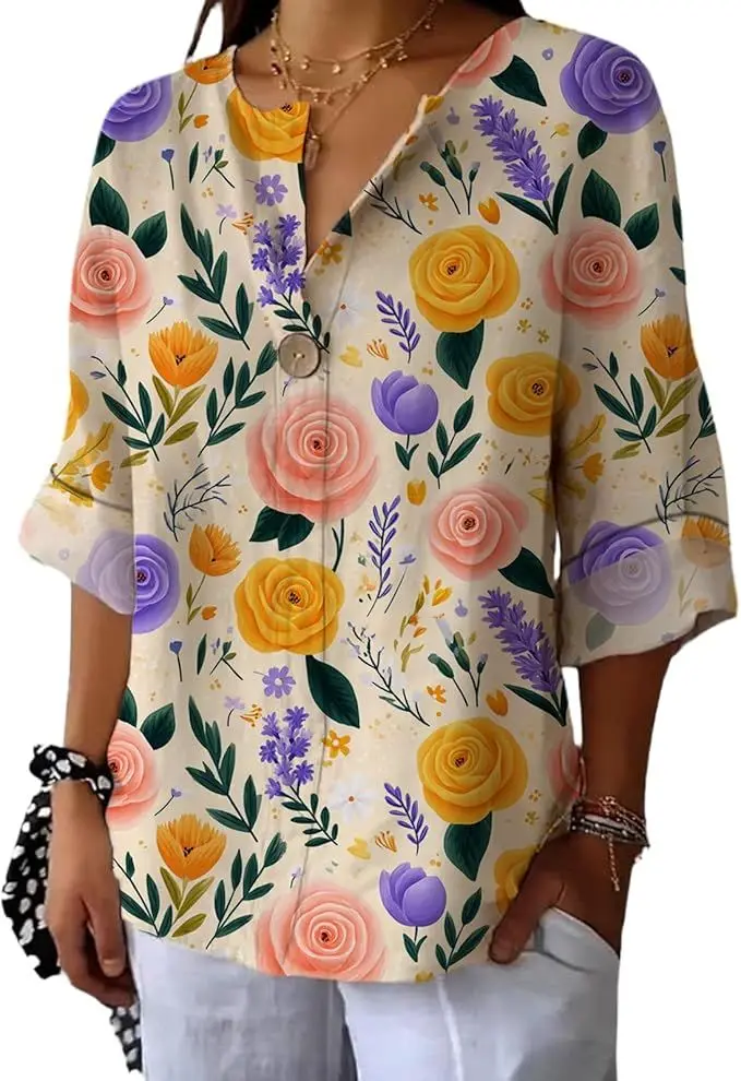 

Women's Summer Shirts Vintage Floral Long Sleeve Novelty Blouses Boho Button Up Cool Graphic Tops