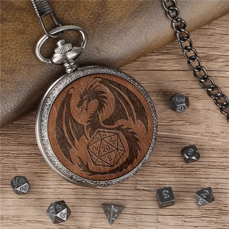 Retro Steampunk Engraved Dragon Case with 7pcs/set Metal Polyhedral Dices Pocket Watch Chain Entertainment Role Paly Game Dice