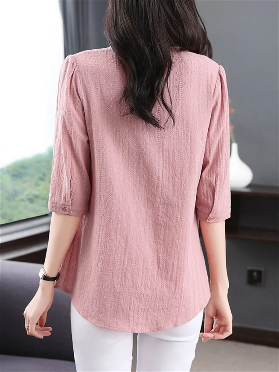 5XL Women Spring Summer Blouses Shirts Lady Fashion Casual Half Sleeve V-Neck Collar Solid Color Blusas Tops TT2340