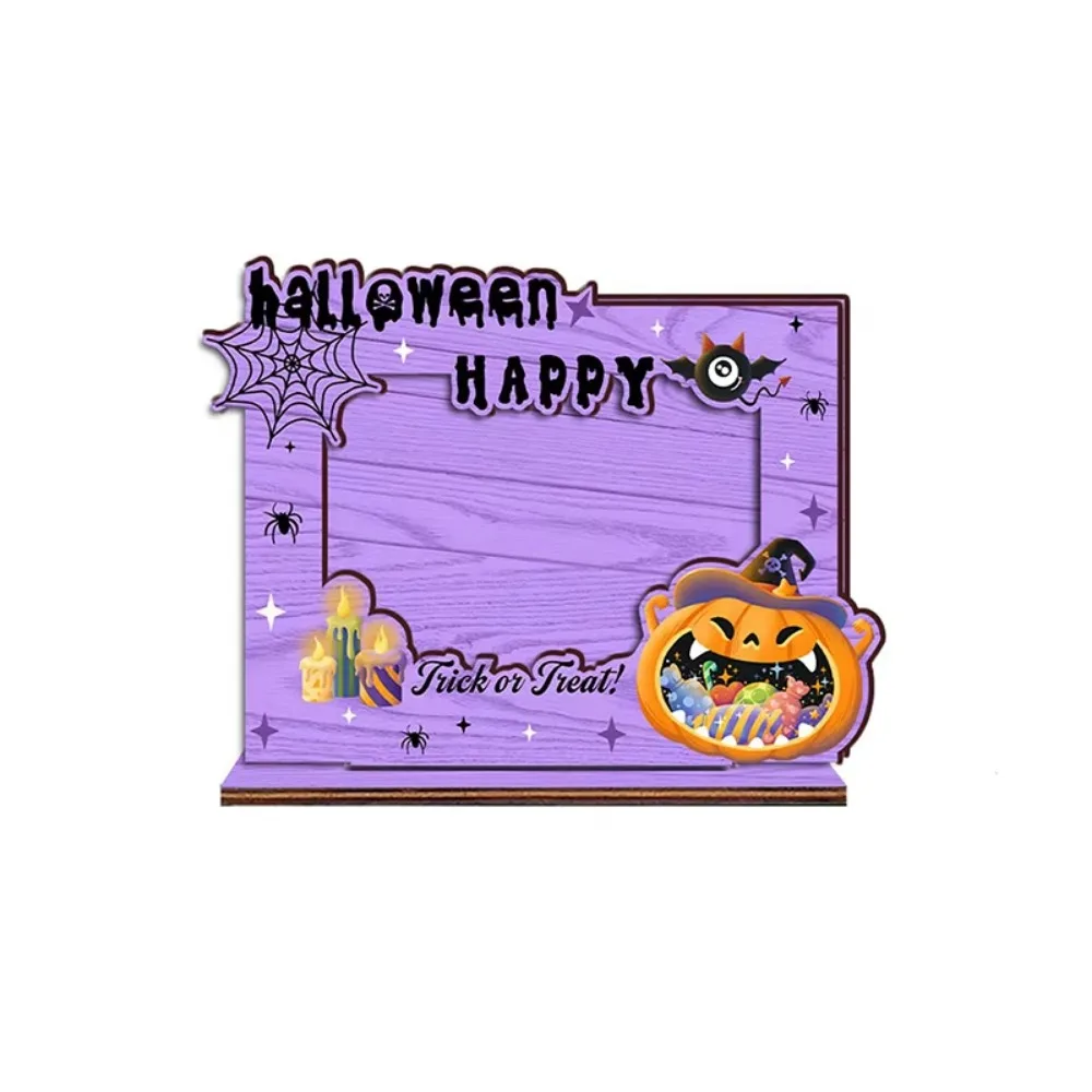 

Creative Halloween Picture Frame Happy Halloween Design Ornament Wood Photo Frame Black Sprider Print Pumpkins Bats