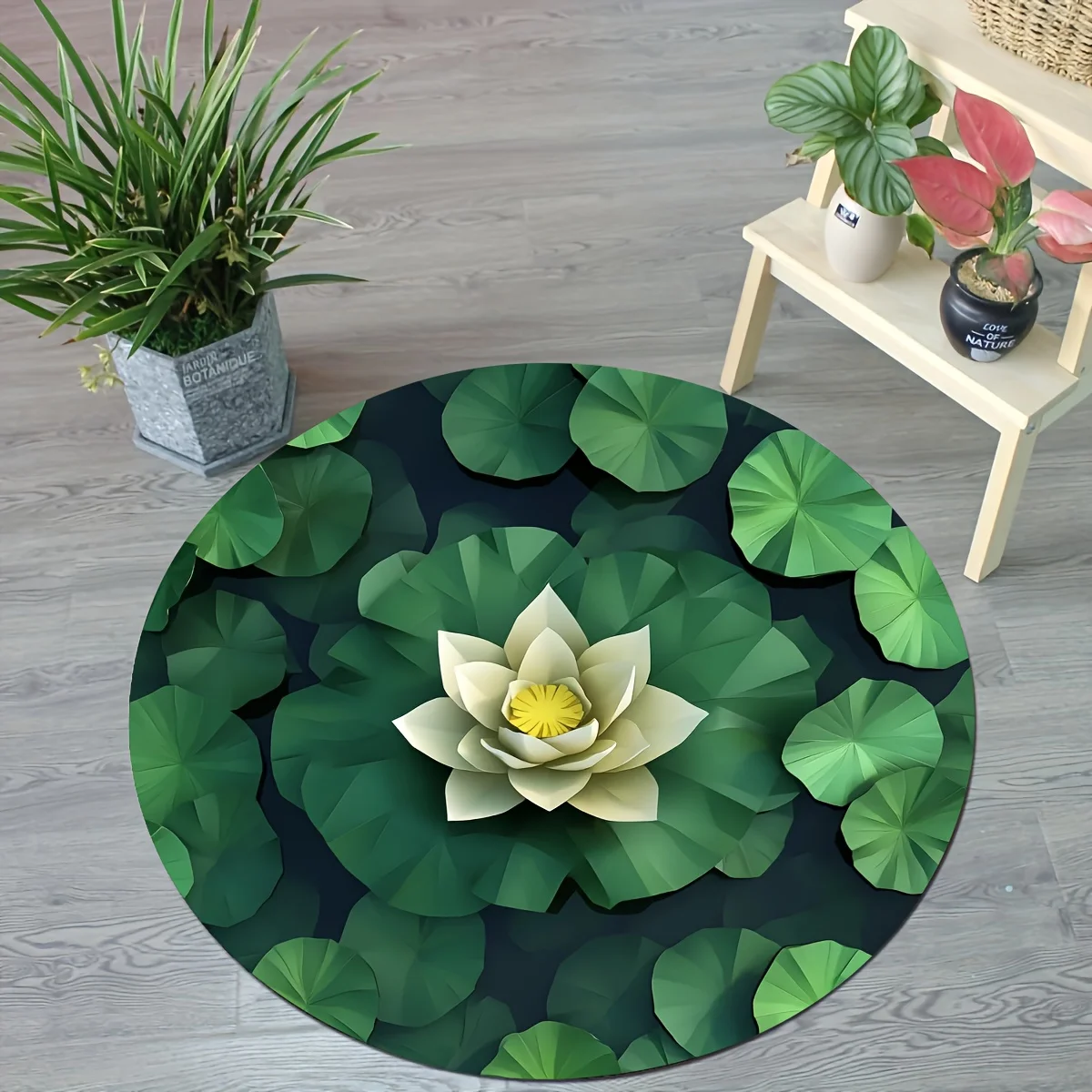 Fresh Water Lily Pattern Round Floor Mat – Machine Washable Indoor Rug for Bedroom & Living Room