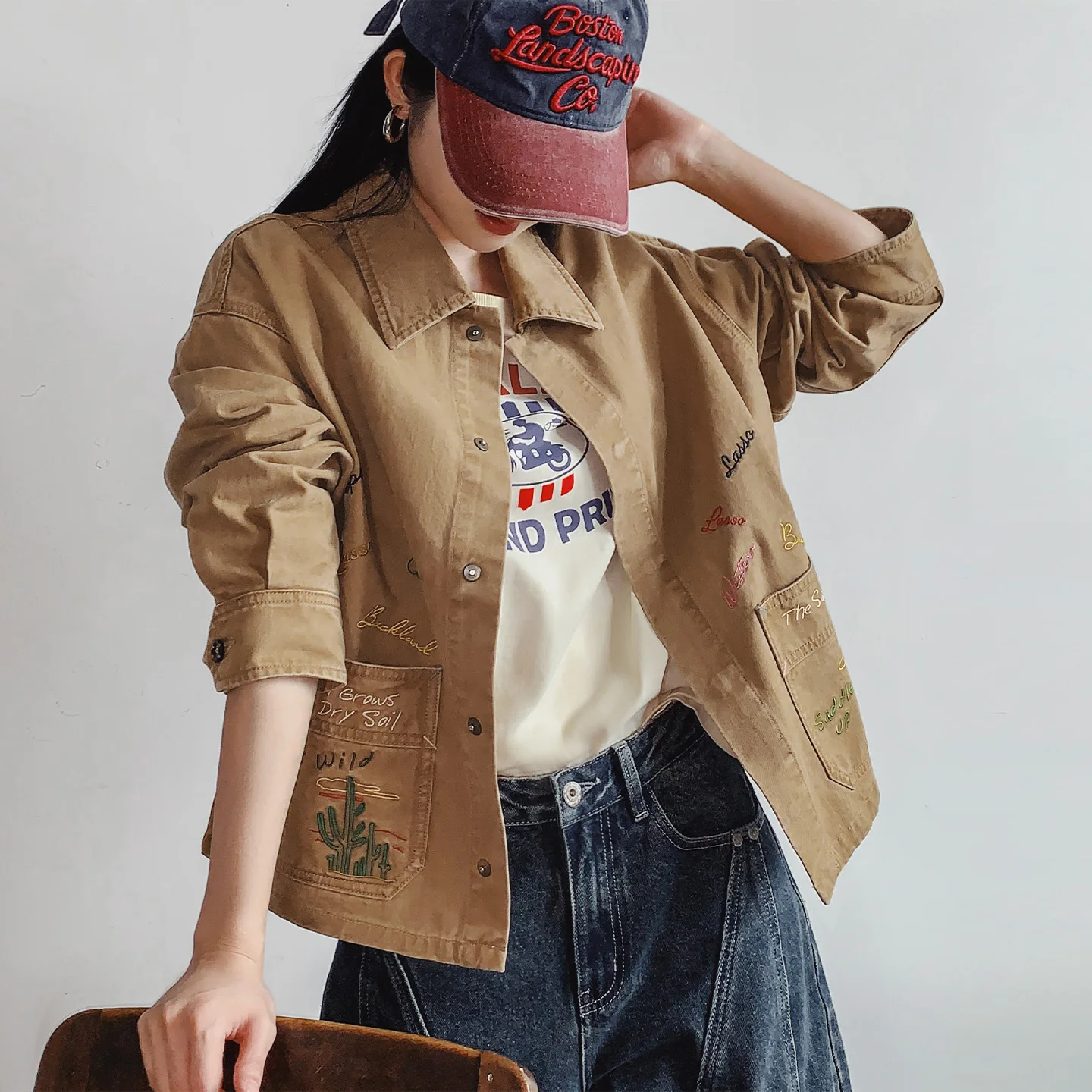 Maden Women's Vintage Cotton Barn Jacket Lapel Collar Washed Casual Embroidery Outerwear Khaki Workwear TOPs For Spring Fall