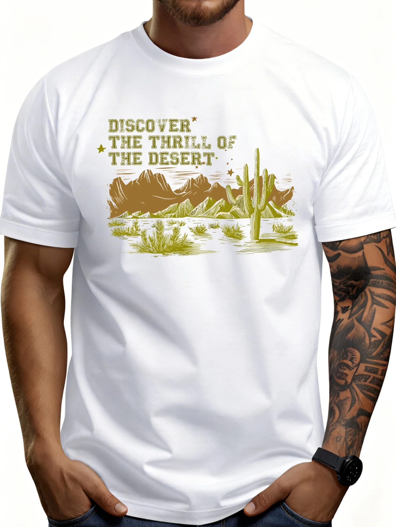 Casual Style Men's T-Shirt with Desert Landscape Featuring Cacti and Mountain Patterns, Exciting Text Exploring the Desert, Outdoor Adventure Summer Clothing, Gift for Nature Enthusiasts and Travel Lovers.