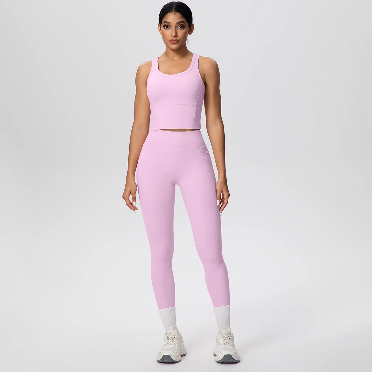 2pcs Women Yoga Set Gym Sports Running Quick Drying  Pants With Pockets Solid Color Breathable Vest Tight  Suit