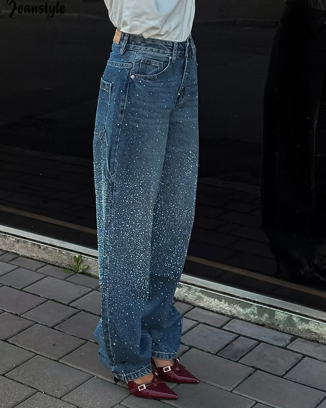 CPSYMYM Fashion Rhinestones Jeans Women Loose Pocket Versatile Zipper Low Waist Straight Denim Trousers Female  Spring Streetwea