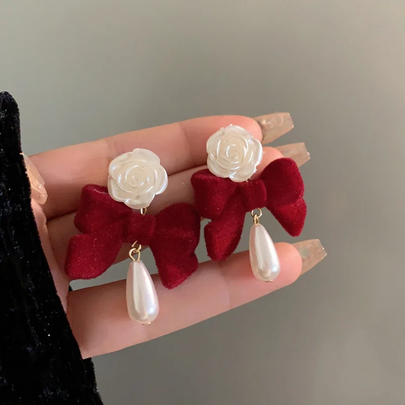 South Korean Flocking Red Wine Bowknot Flower Ear Clips Temperament Water Drop Pearl Clip on Earrings for Women No Piercing