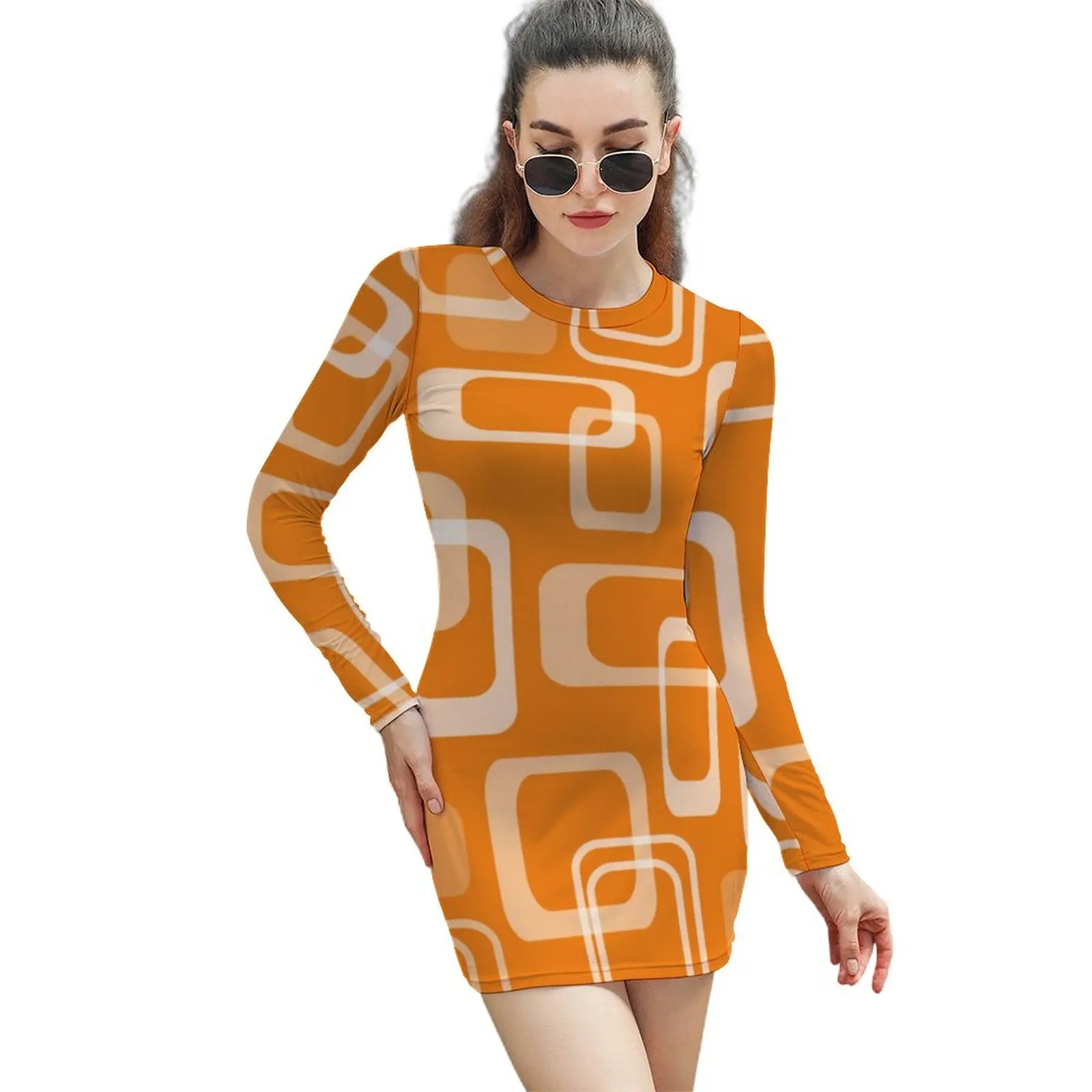 Orange Retro Mod Dress Long Sleeve 60s Square Print Sexy Dresses Autumn Womens Street Wear Print Bodycon Dress Big Size