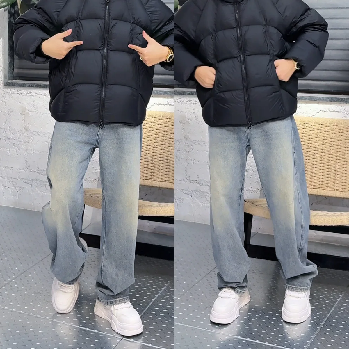 

Зимние джинсы в стиле ретро, мужские удобные универсальные джинсы с высокой талией, прямые брюки свободного кроя, повседневные, из полиэфирной ткани