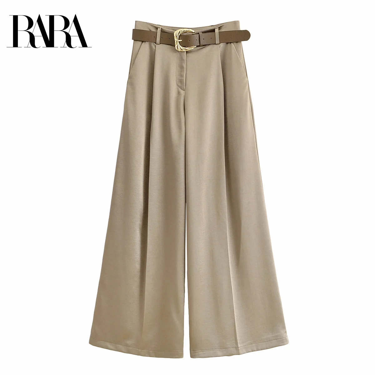 RARA2025 Estate nuove donne abbigliamento moda cintura versatile trama in raso pieghettato pantaloni casual a gamba larga