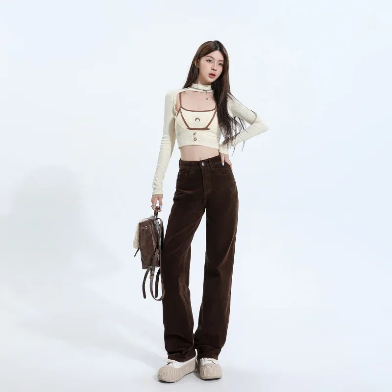 Autumn Winter Coffee Brown Corduroy High Waist Floor-Length Wide Leg Casual Pants Women's Retro Fashion Straight Tube Pants