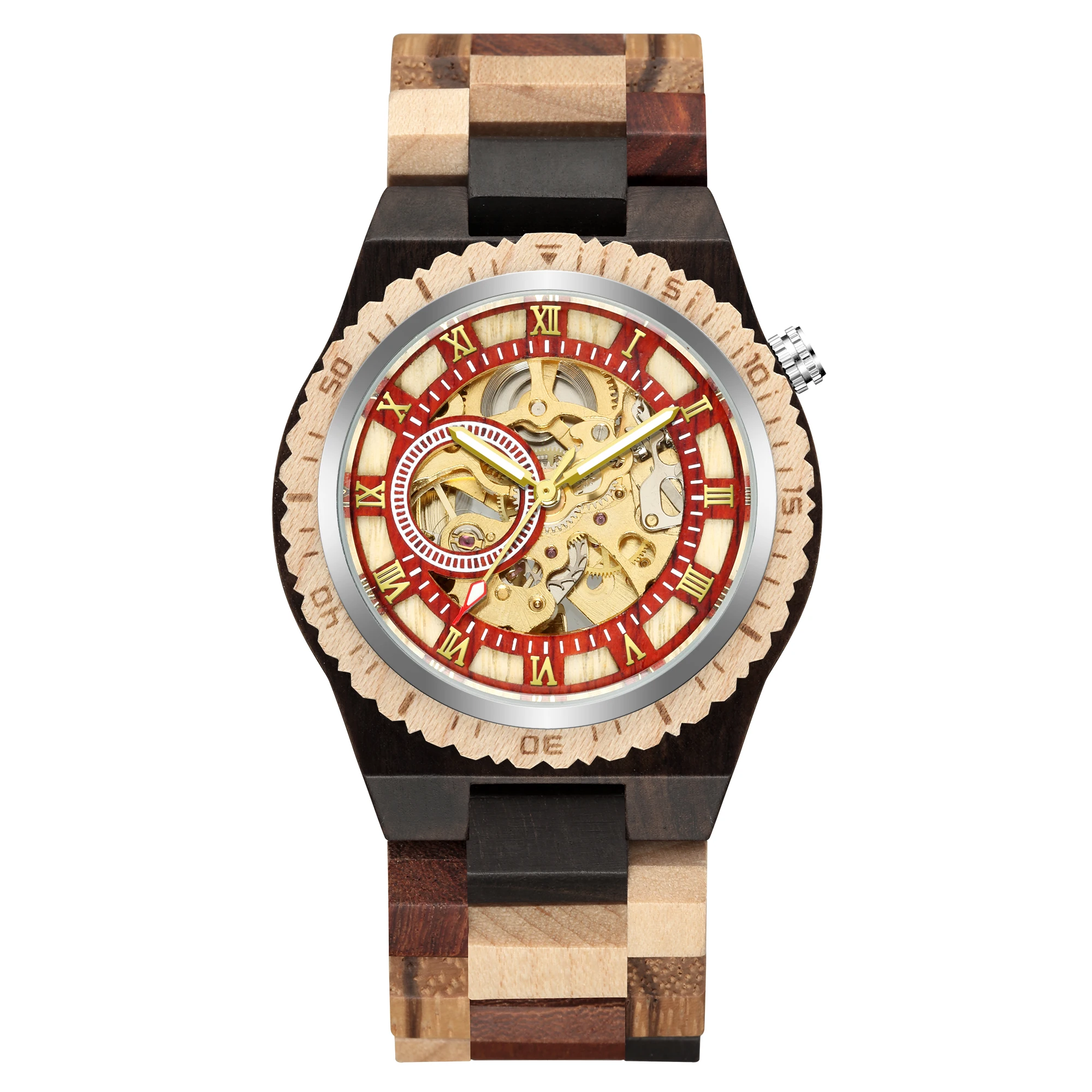 

Top Brand Luxury Mens Watches Round Automatic Watch for Men Fashion Wood Clock Adjustable Wooden Bracelet Mechanical Wristwatch