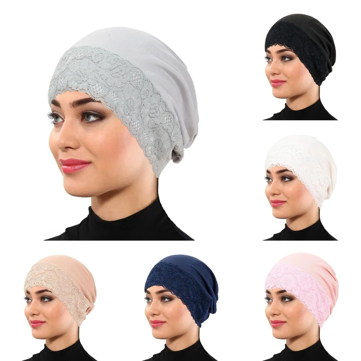 

Fashion Lace Elastic Headscarf Cap Solid Color Base Cap Hair Care Cap Muslim Turban Hat Hijab Islamic Headscarf Women's Hijabs