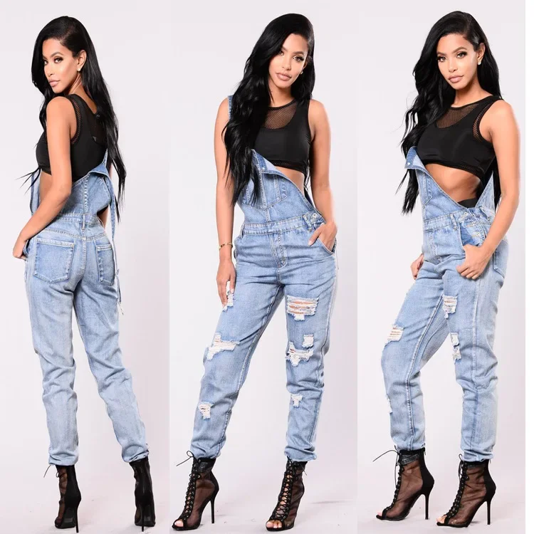 Women Overalls Jeans Pencil Pants Ankle Length One Piece Hole Distressed Pockets Casual Jumpsuits Ripped Vintage Suspenders