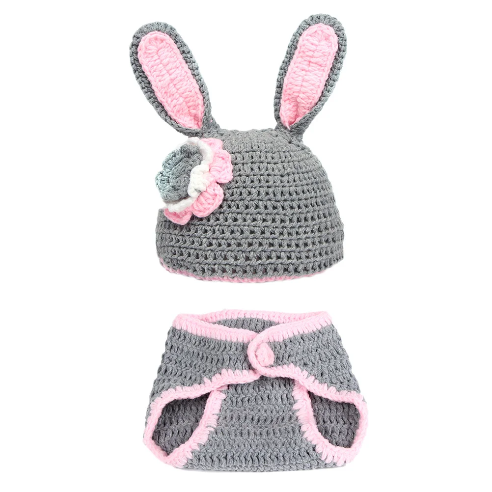 

Newborn Baby Rabbit Photography Outfit Knit Hat Pant Flower Bunny Pink Gray Baby Photo Props Newborn Photography Props