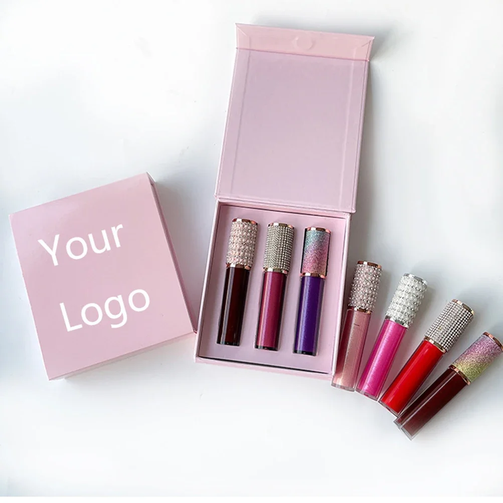 Private Label Liquid Lipstick Kit Custom Bulk Moist 45 Color Waterproof Pigment Makeup Pink Box Diamond Cover tubo trasparente