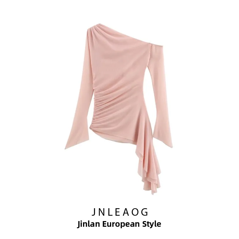 

JNLEAOG Spring New Women's Faion Asymmetric Me Top Long Sve One-oulder Polyester Fiber Gown European Sle Slim Fit