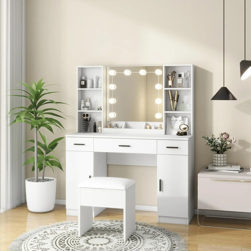 Vanity Desk, Makeup Table with Lights Vanity Set with 3 Drawers, 1 Cabinet & 6 Shelves 3 Lighting Modes Brightness Adjustable