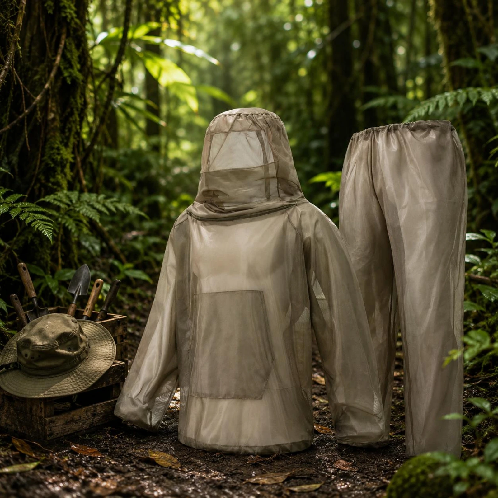 Hooded Mesh Top and Pants Lightweight Protection Suit Bug Suit All-Gender Outdoor Clothing Front Pocket for Tea Picking