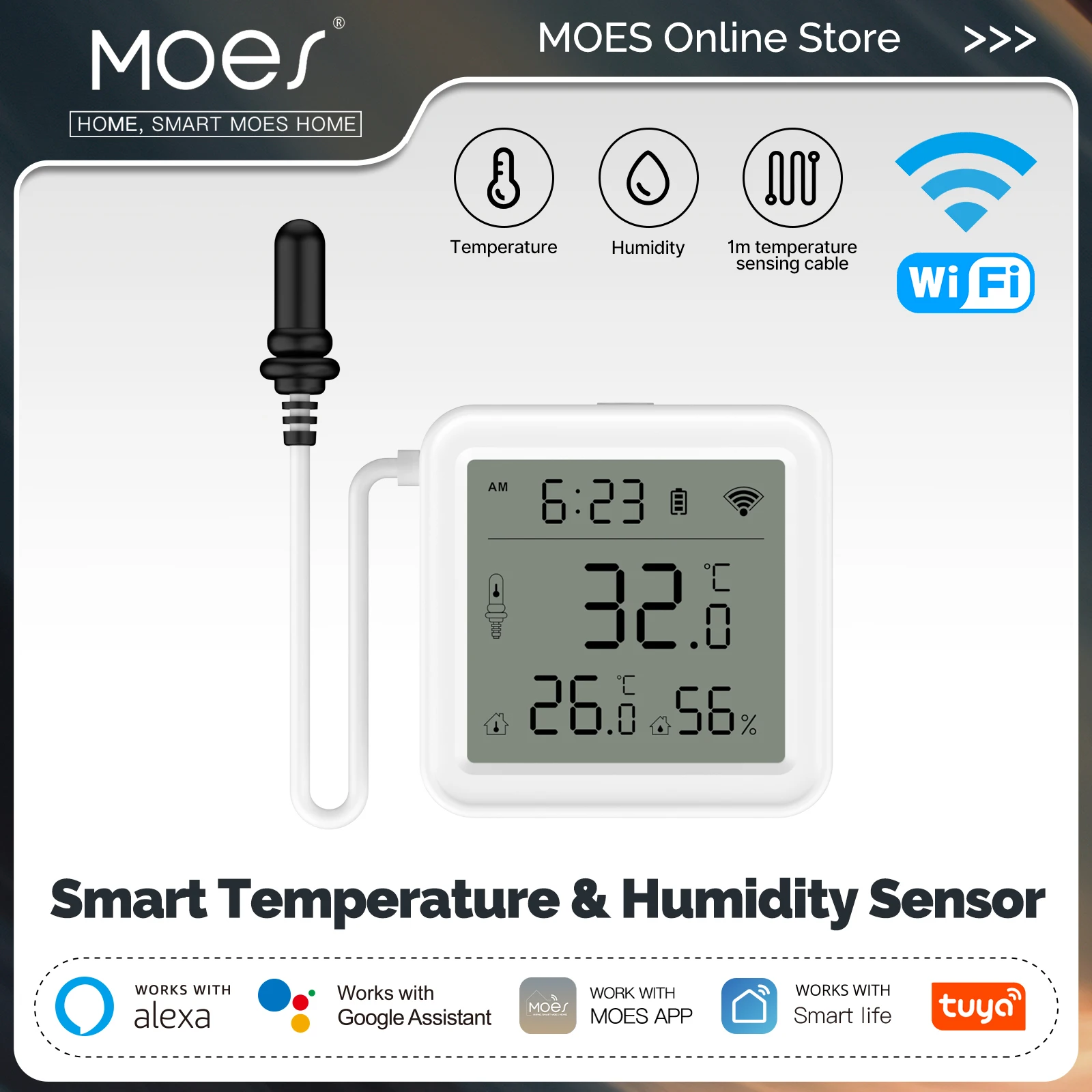 MOES Tuya WiFi Smart Temperature Humidity Sensor 1M External Sensor Cable Probe App Remote Monitor Work With Alexa Google Home