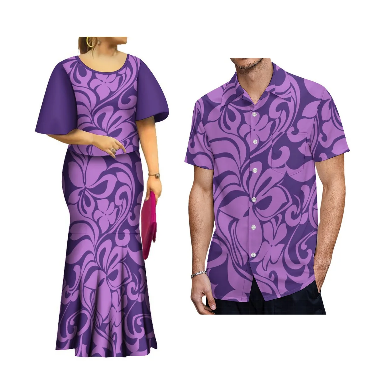 

Polynesian Women'S Two Piece Dresses Flared Sleeve Fishtail Dresses Puletasi Samoa Shirts For Men Hawaii Islands Couple Matching