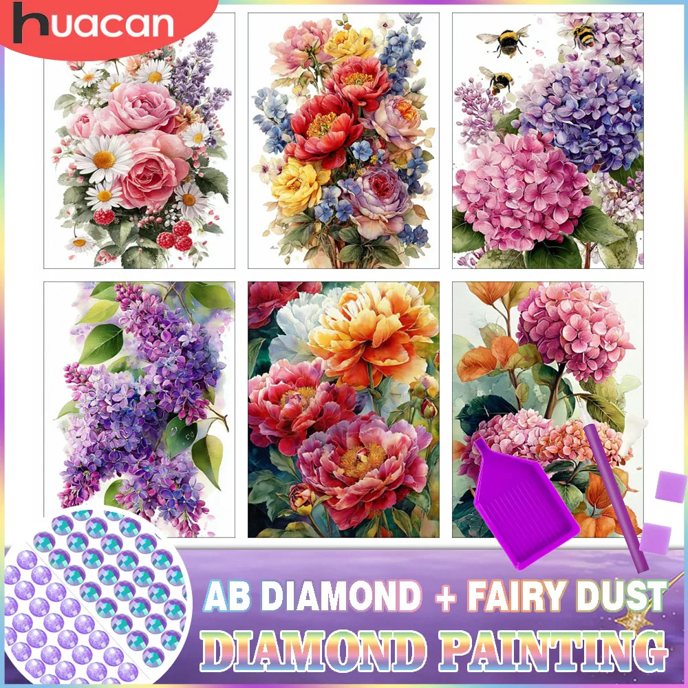 

HUACAN Diamond Painting Kit Flower Rose Hydrangea AB Fairy Dust Full Round Drill Art Lilac Floral Diamond Mosaic Art
