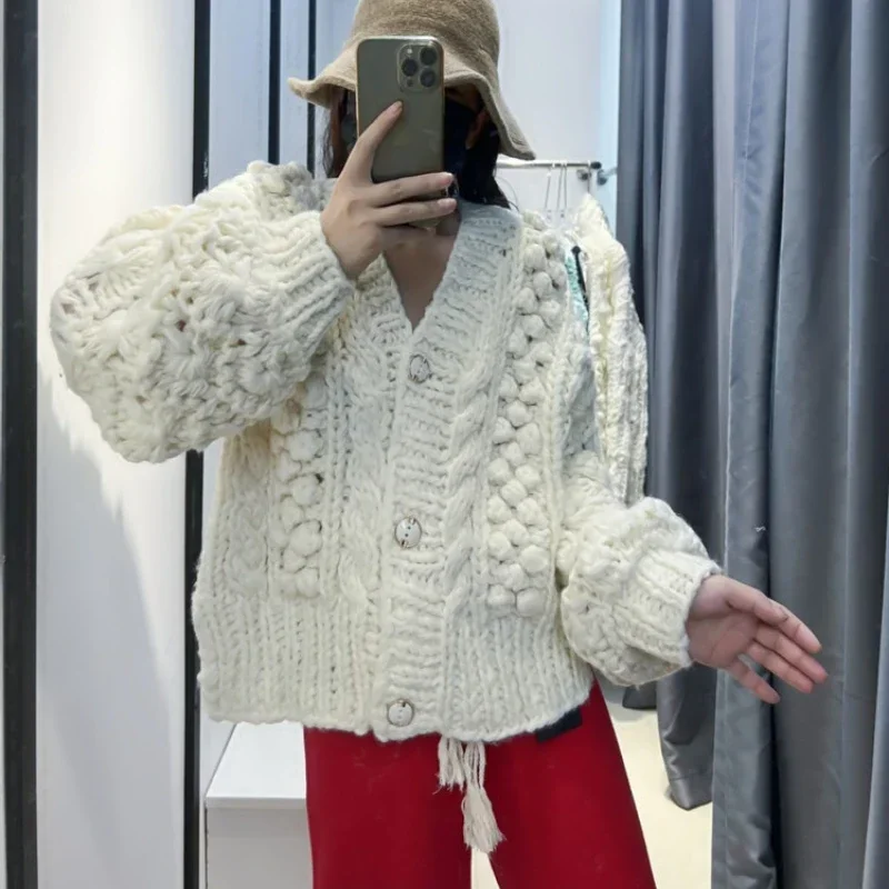 Women Handmade Chunky Bubble Cardigan 2024 Winter Bubble Sweater Knit Outwear