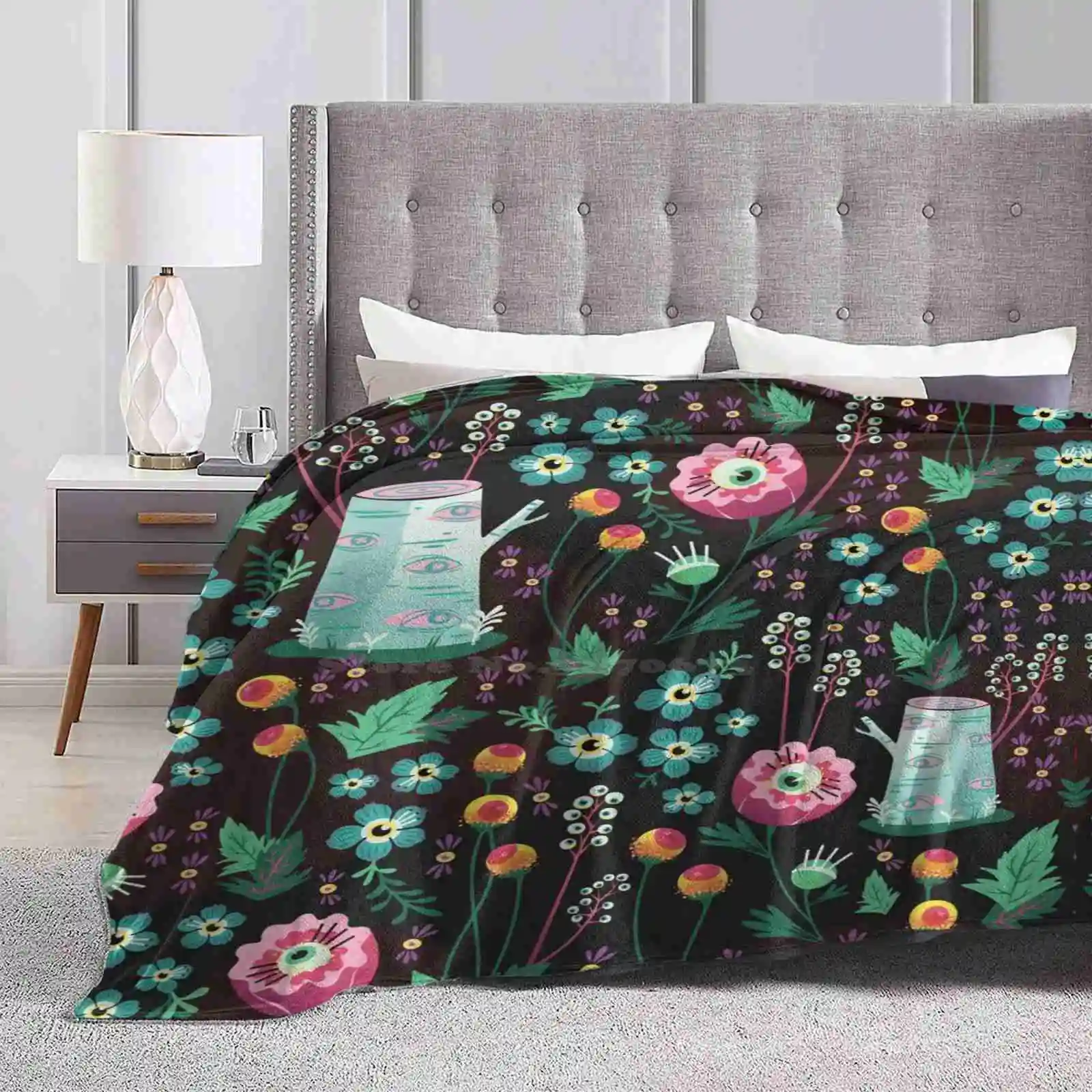 Eyeball Garden New Selling Custom Print Flannel Soft Blanket Eyeball Ojos Ocular Goth Scary Spooky Floral Spring Garden Summer