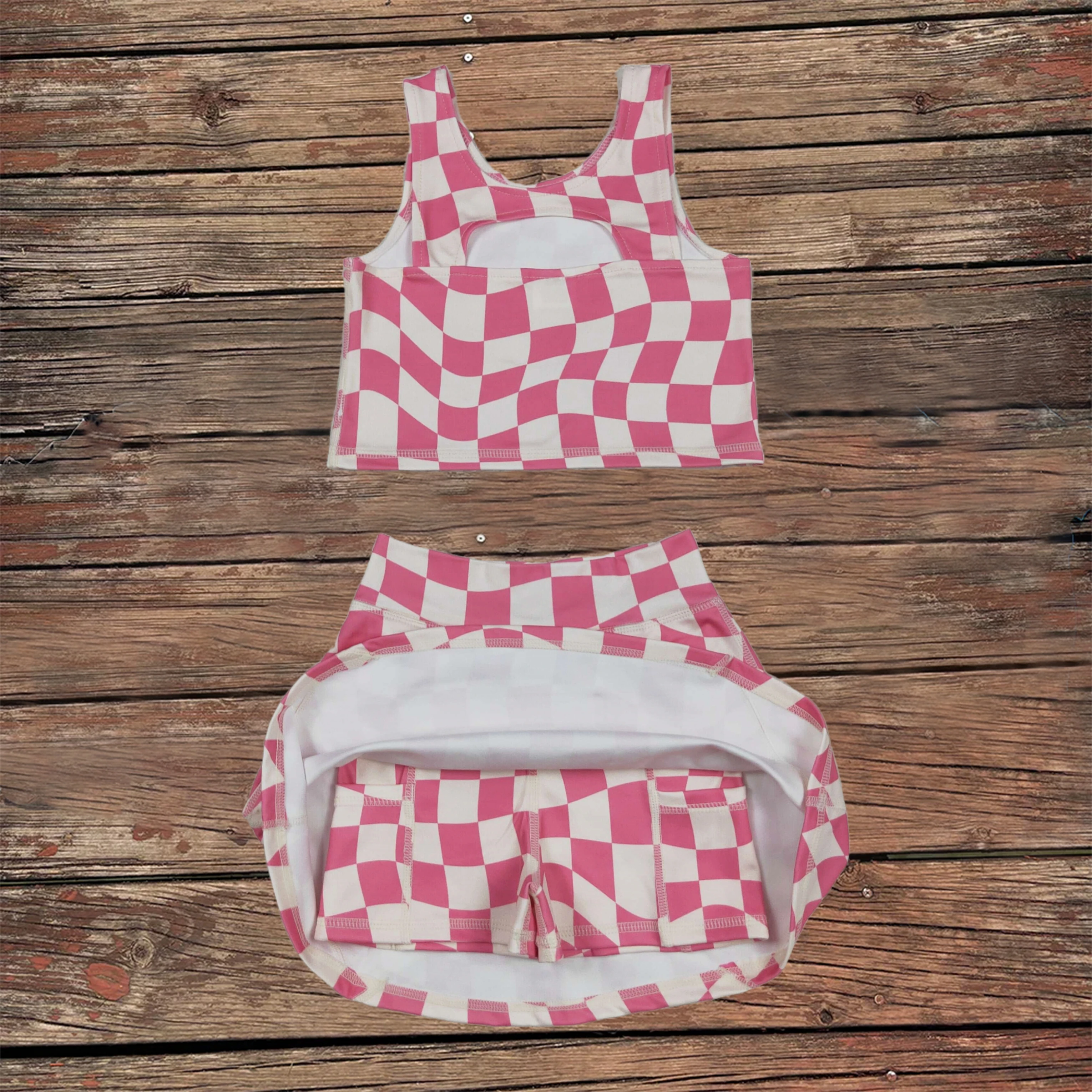 

Wholesale Baby Girl Active Wear Clothes Infant Summer Pink Plaid Vest Top Tennis Sport Skorts Sets Toddler Kids Children Outfits