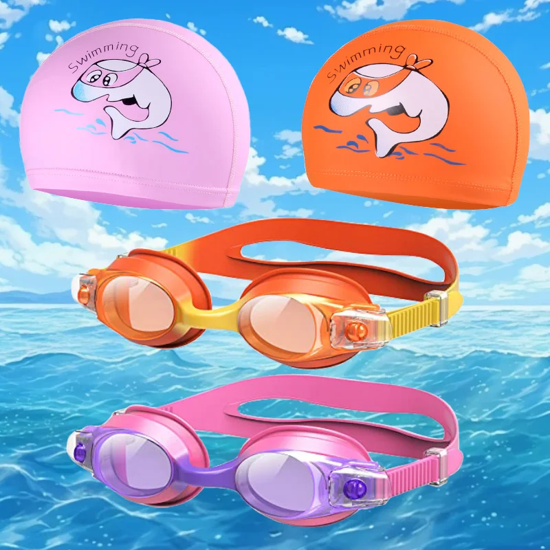 Children's Swimming Cap Swimming Goggle Set HD Anti-fog Waterproof Swimming Goggles for Children 6-14 years old