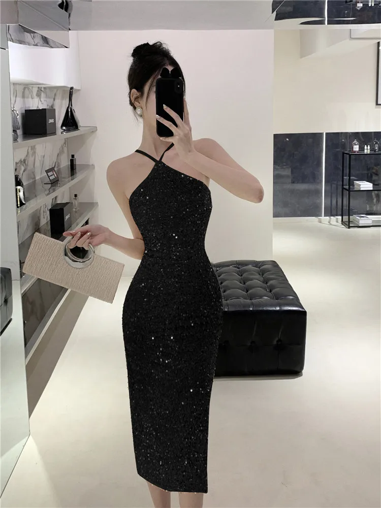 Sexy Hot Blingbling Stunning Party Dress Women Chic Black Gold Sequined Halter Pencil Midi Dress Sleeveless Tight Bodycon Dress
