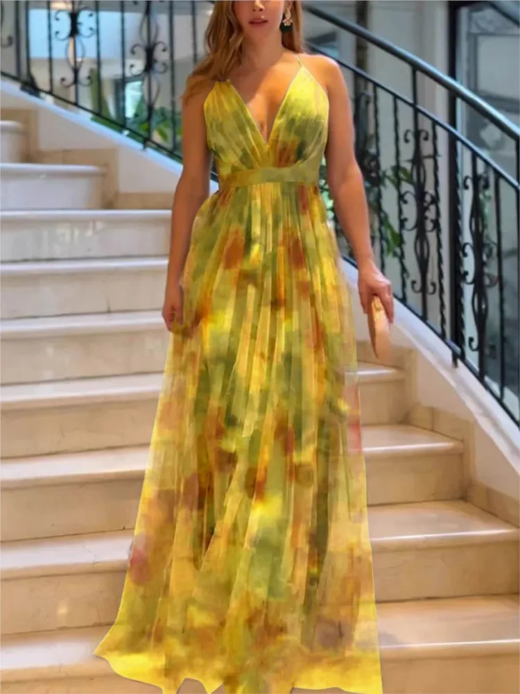 Woman's Elegance Party Prom Long Dress Summer Fashion Print Sexy Deep V-neck Sling Dresses Ladies Foreign Style Big Hem Vestidos