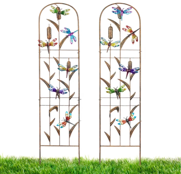 2 Pack Metal Garden Trellis with Colorful Dragonfly 60 Inch High Outdoor Decoration Arched Fence Trellis