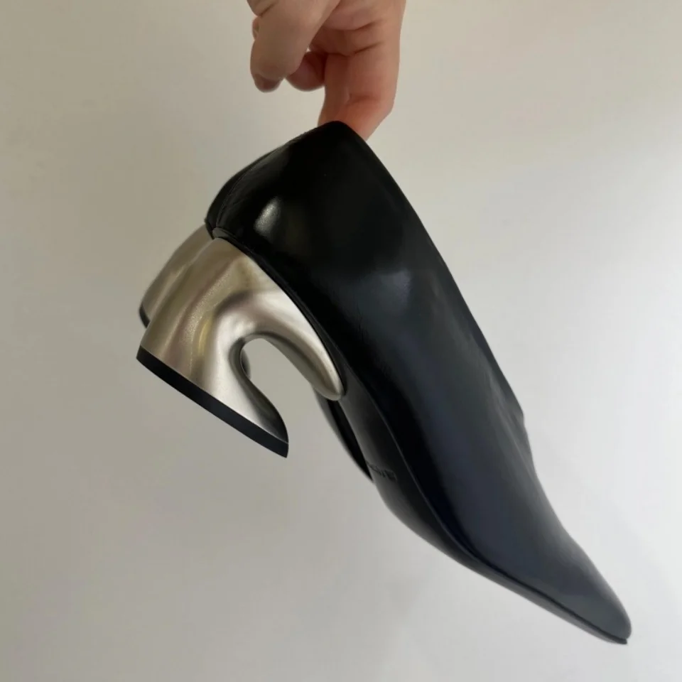 

Black Special-Shaped Heel Shoes Autumn Square Toe Genuine Leather High Heels for Women Slip-On Shoes Ladies