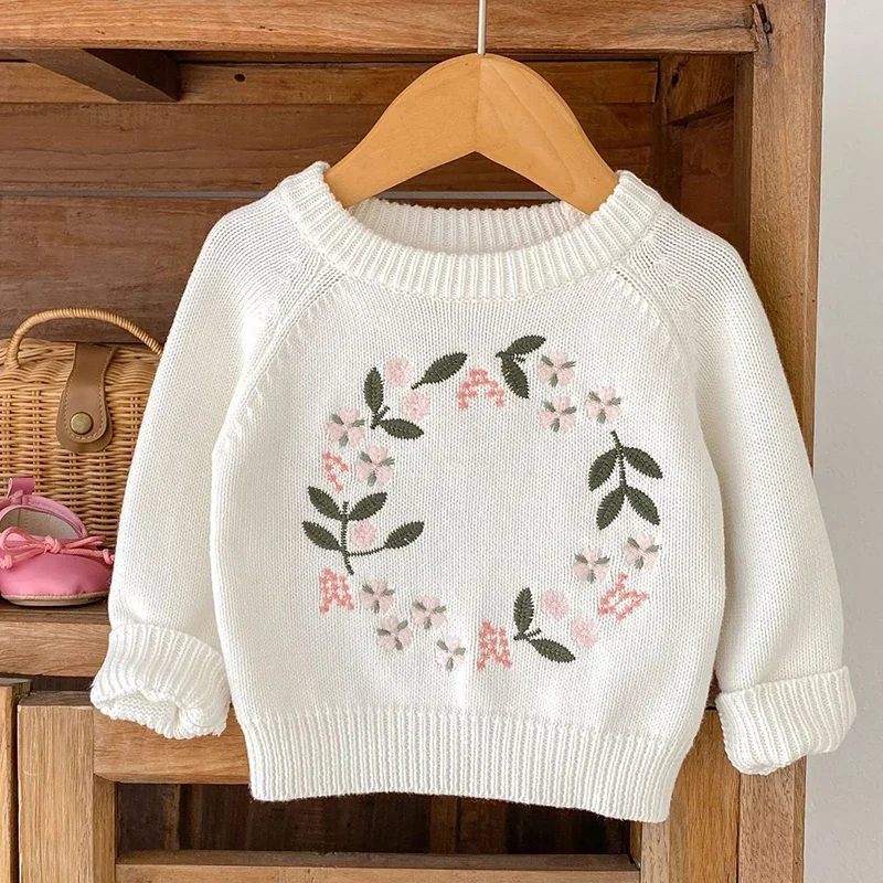 

2024 New Kids Sweater Autumn Children Knitted Clothes Long Sleeved Floral Embroidery Toddler Baby Girl Knitting Pullover Tops