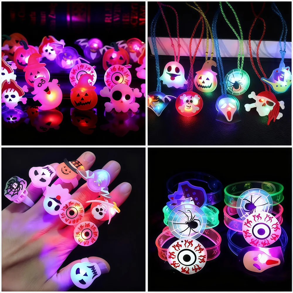 

Halloween Glow Jewelry Set Pumpkin Ghost Necklace Ring Bracelet Brooch Party Favors for Kids Adults